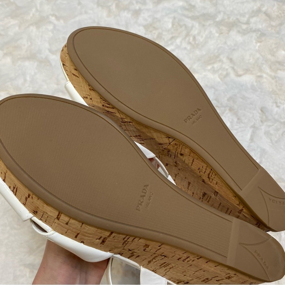 Prada White Patent Leather Criss Cross Ankle Strap Cork Wedge Sandals Size 39 - Picture 13 of 16